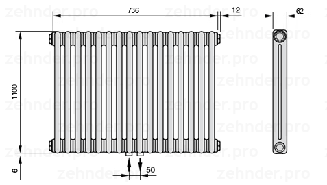 Схема (чертеж) Радиатор Zehnder Charleston 2110/16 №3470 Белый глянцевый RAL 9016
